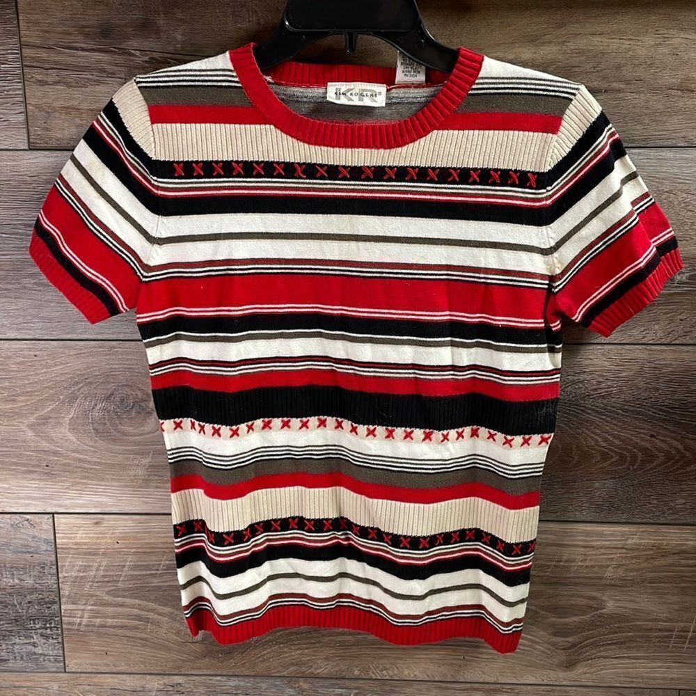 Kim Rogers Pullover Striped Sweater Top,Size Small,Red,Off White&Black, Vintage